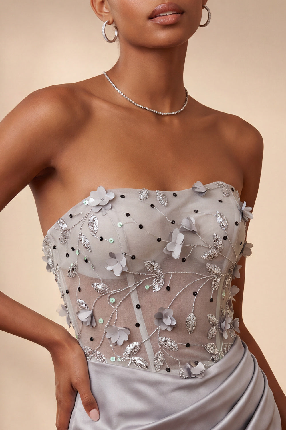 Light Grey Corset Ruched Tight Short Homecoming Dress with 3D Flowers