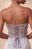 Light Grey Corset Ruched Tight Short Homecoming Dress with 3D Flowers