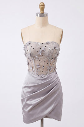 Light Grey Corset Ruched Tight Short Homecoming Dress with 3D Flowers