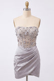 Light Grey Corset Ruched Tight Short Homecoming Dress with 3D Flowers