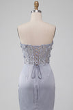 Light Grey Corset Ruched Tight Short Homecoming Dress with 3D Flowers