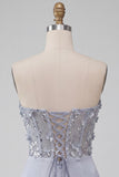 Light Grey Corset Ruched Tight Short Homecoming Dress with 3D Flowers