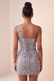 Grey Floral Sequins One Shoulder Tight Short Homecoming Dress