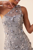 Grey Floral Sequins One Shoulder Tight Short Homecoming Dress