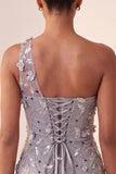 Grey Floral Sequins One Shoulder Tight Short Homecoming Dress