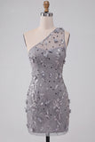 Grey Floral Sequins One Shoulder Tight Short Homecoming Dress