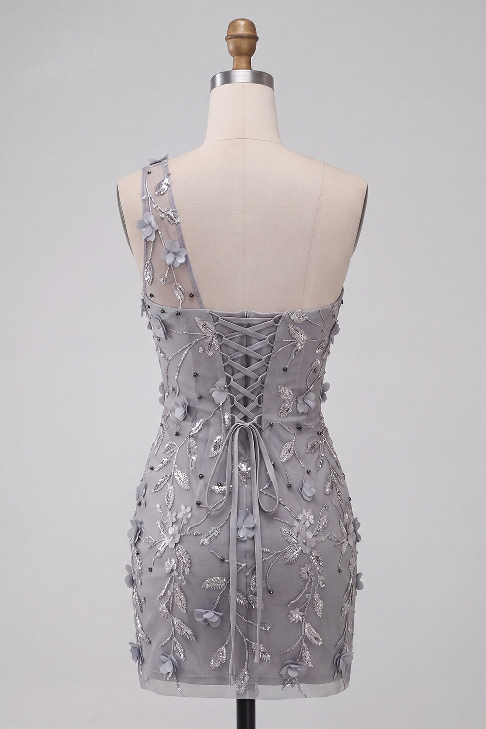 Grey Floral Sequins One Shoulder Tight Short Homecoming Dress