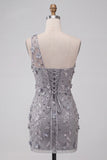 Grey Floral Sequins One Shoulder Tight Short Homecoming Dress