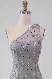Grey Floral Sequins One Shoulder Tight Short Homecoming Dress