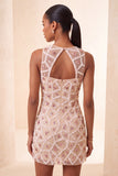 Blush Sparkly Beaded Sequin Round Neck Tight Short Homecoming Dress