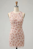 Blush Sparkly Beaded Sequin Round Neck Tight Short Homecoming Dress