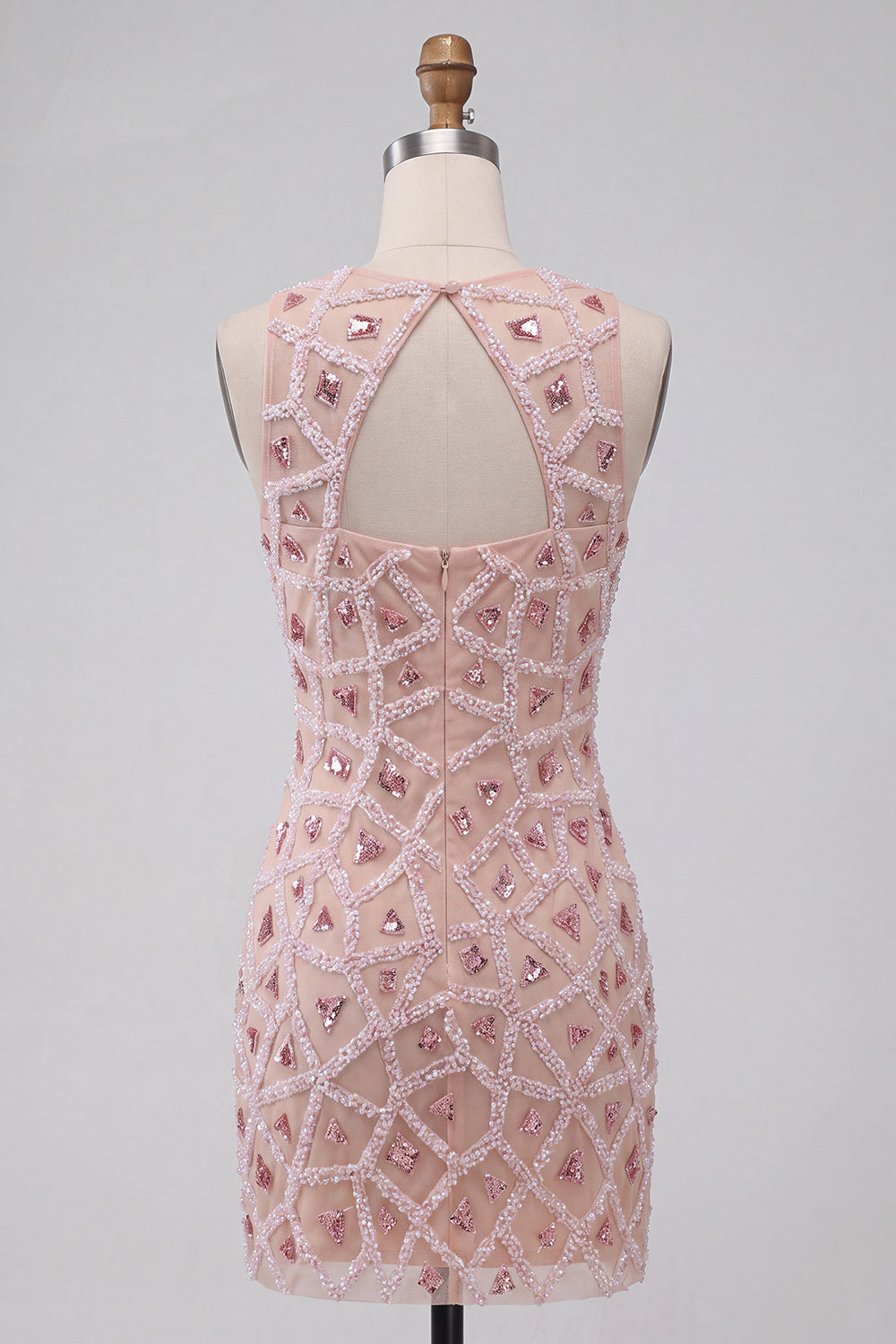 Blush Sparkly Beaded Sequin Round Neck Tight Short Homecoming Dress