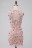 Blush Sparkly Beaded Sequin Round Neck Tight Short Homecoming Dress