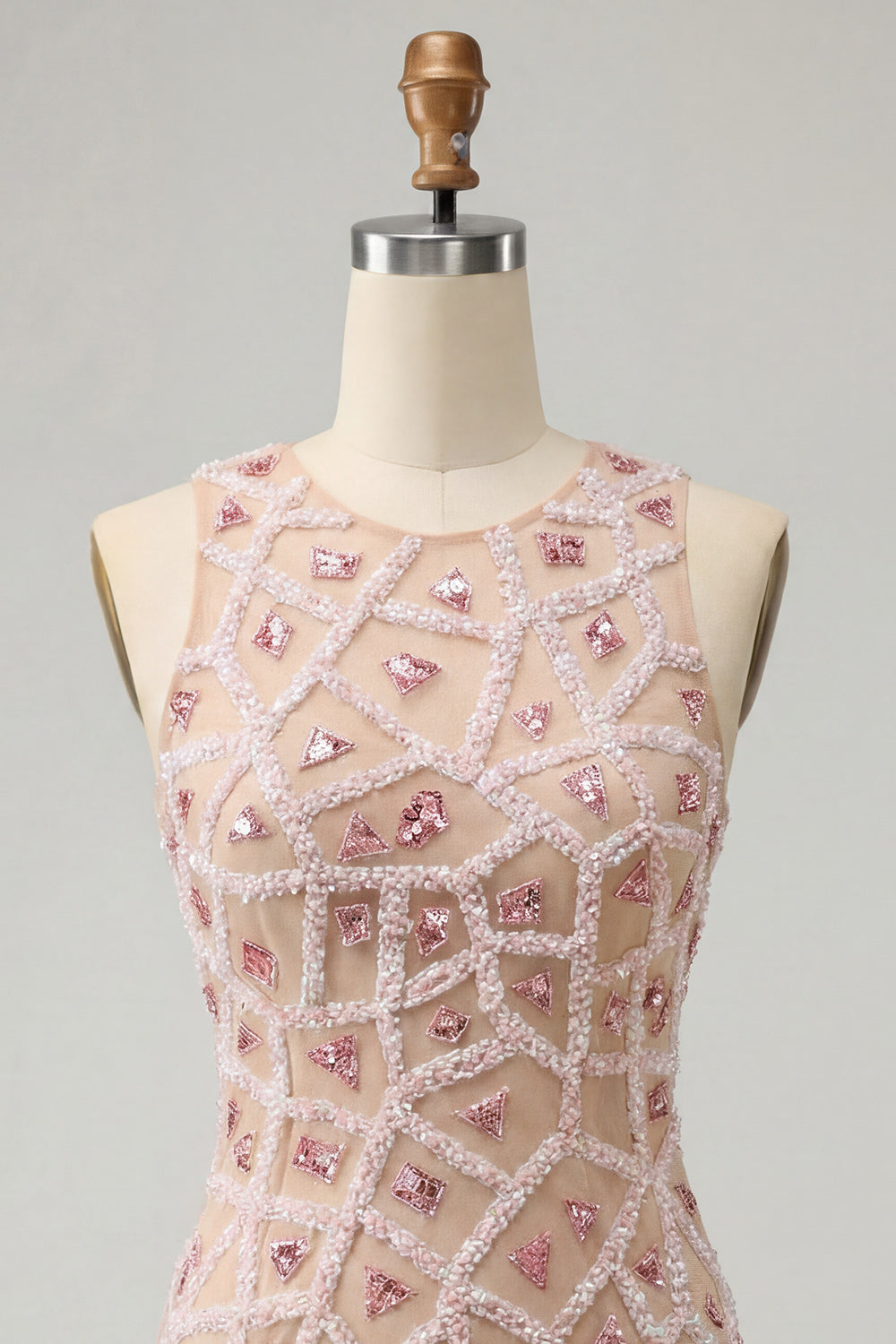 Blush Sparkly Beaded Sequin Round Neck Tight Short Homecoming Dress