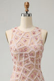 Blush Sparkly Beaded Sequin Round Neck Tight Short Homecoming Dress