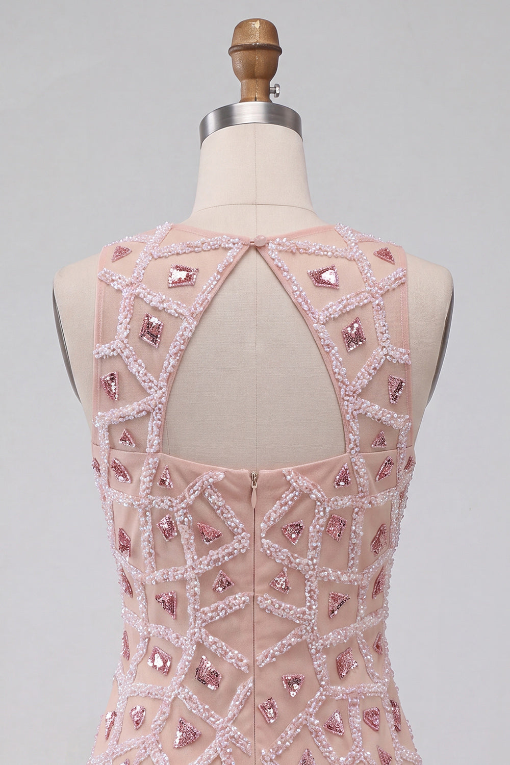 Blush Sparkly Beaded Sequin Round Neck Tight Short Homecoming Dress
