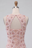 Blush Sparkly Beaded Sequin Round Neck Tight Short Homecoming Dress
