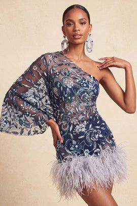 Floral Navy Tight Sparkly Beaded Feathered Homecoming Dress with Sleeves