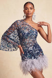 Floral Navy Tight Sparkly Beaded Feathered Homecoming Dress with Sleeves