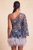 Floral Navy Tight Sparkly Beaded Feathered Homecoming Dress with Sleeves