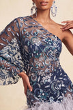 Floral Navy Tight Sparkly Beaded Feathered Homecoming Dress with Sleeves