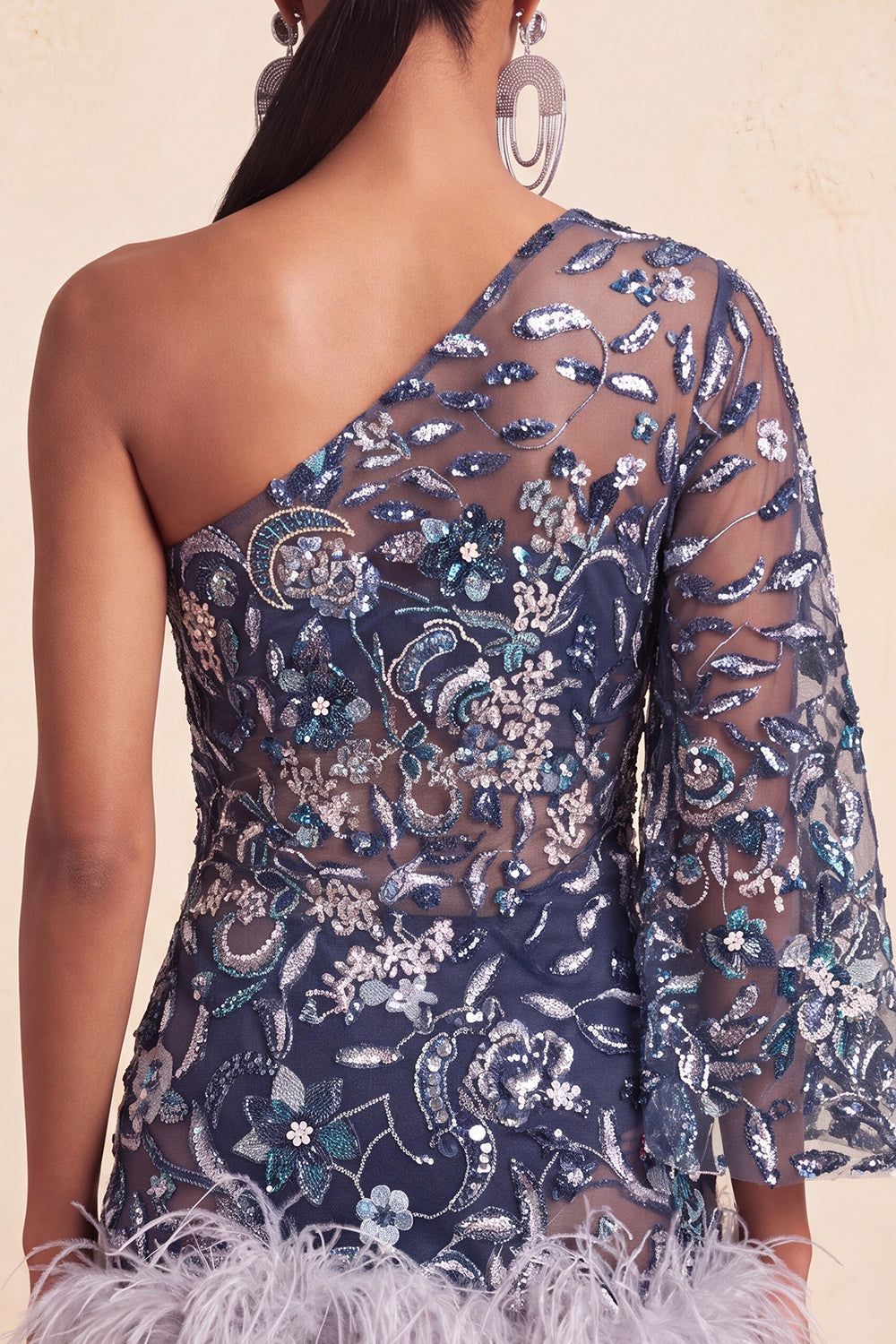 Floral Navy Tight Sparkly Beaded Feathered Homecoming Dress with Sleeves