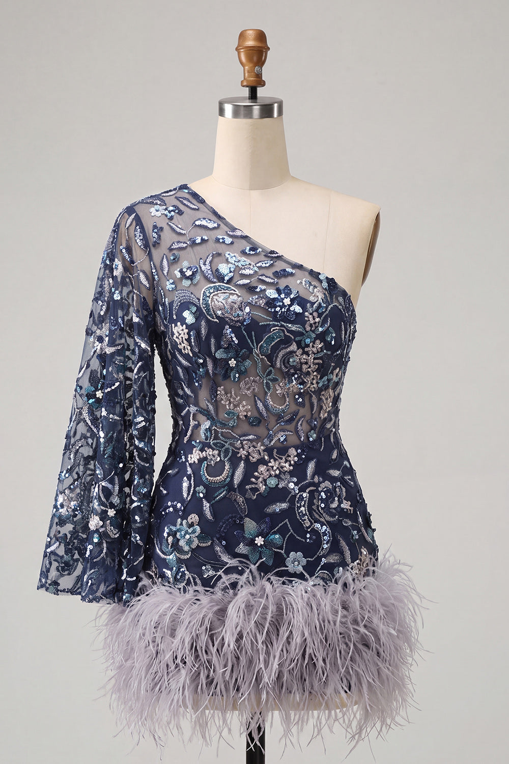Floral Navy Tight Sparkly Beaded Feathered Homecoming Dress with Sleeves