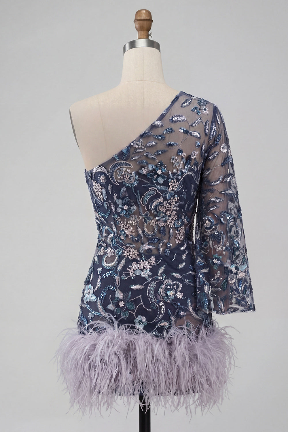 Floral Navy Tight Sparkly Beaded Feathered Homecoming Dress with Sleeves