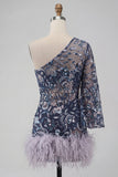 Floral Navy Tight Sparkly Beaded Feathered Homecoming Dress with Sleeves