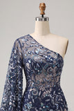 Floral Navy Tight Sparkly Beaded Feathered Homecoming Dress with Sleeves