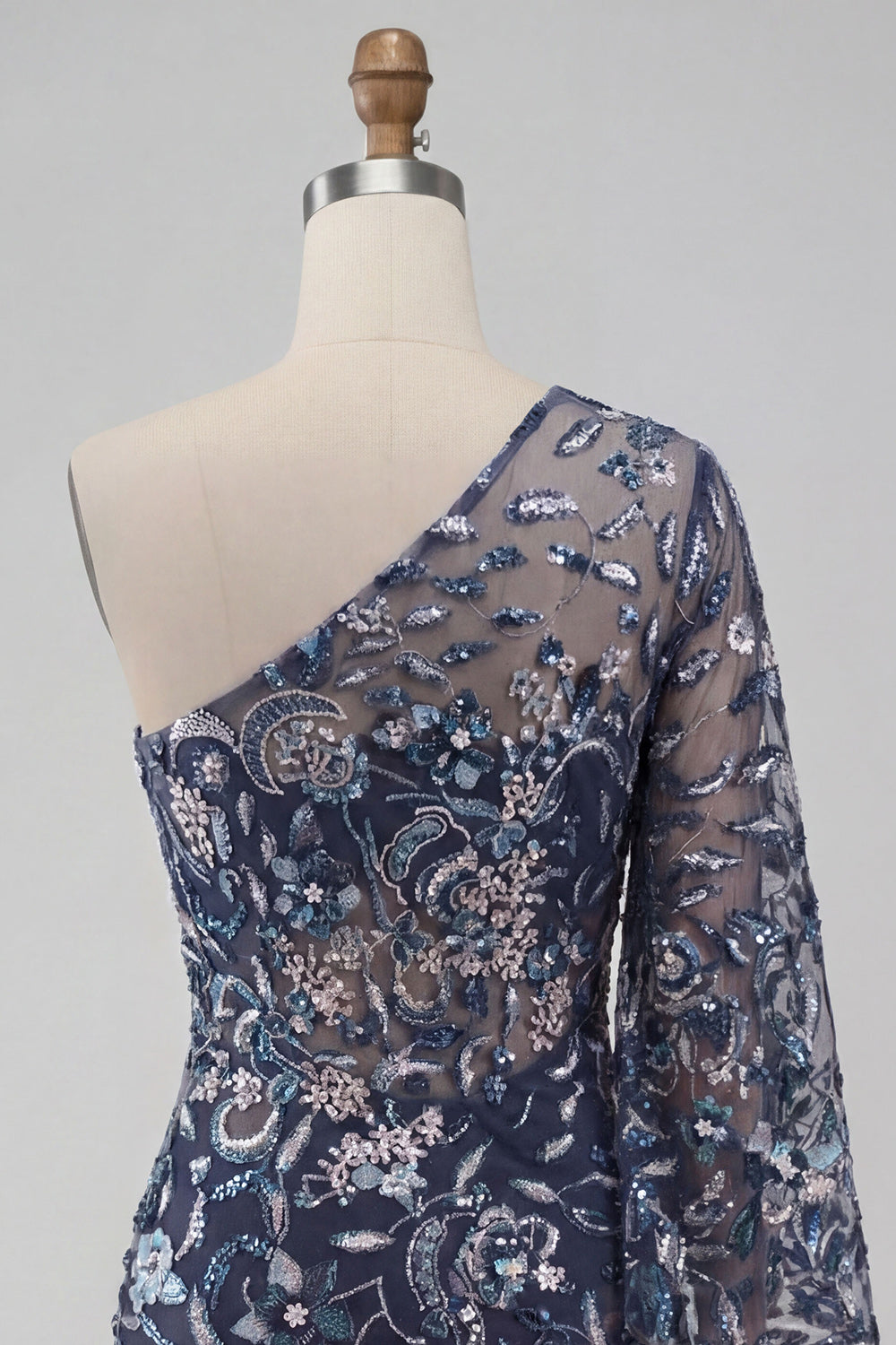 Floral Navy Tight Sparkly Beaded Feathered Homecoming Dress with Sleeves