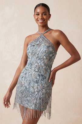 Grey Sparkly Tight Short Floral Beaded Homecoming Dress with Fringes