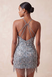Grey Sparkly Tight Short Floral Beaded Homecoming Dress with Fringes