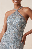 Grey Sparkly Tight Short Floral Beaded Homecoming Dress with Fringes
