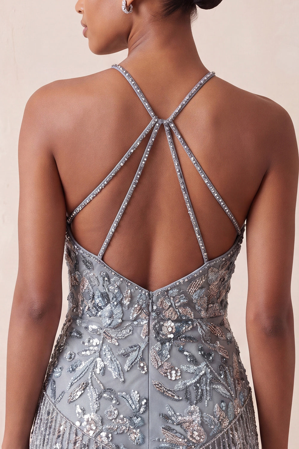 Grey Sparkly Tight Short Floral Beaded Homecoming Dress with Fringes