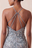 Grey Sparkly Tight Short Floral Beaded Homecoming Dress with Fringes