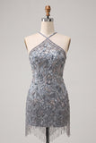 Grey Sparkly Tight Short Floral Beaded Homecoming Dress with Fringes