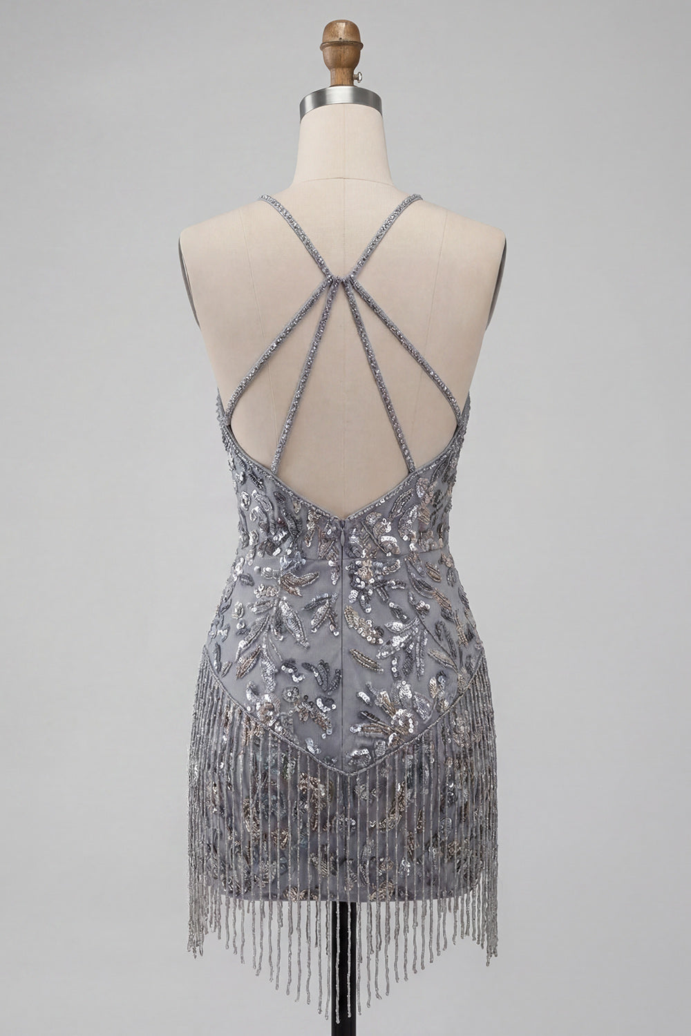 Grey Sparkly Tight Short Floral Beaded Homecoming Dress with Fringes