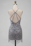 Grey Sparkly Tight Short Floral Beaded Homecoming Dress with Fringes