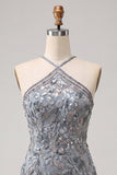 Grey Sparkly Tight Short Floral Beaded Homecoming Dress with Fringes