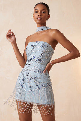 Dusty Blue Sequins Tight Floral Fringed Sparkly Short Homecoming Dress