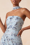 Dusty Blue Sequins Tight Floral Fringed Sparkly Short Homecoming Dress