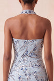 Dusty Blue Sequins Tight Floral Fringed Sparkly Short Homecoming Dress