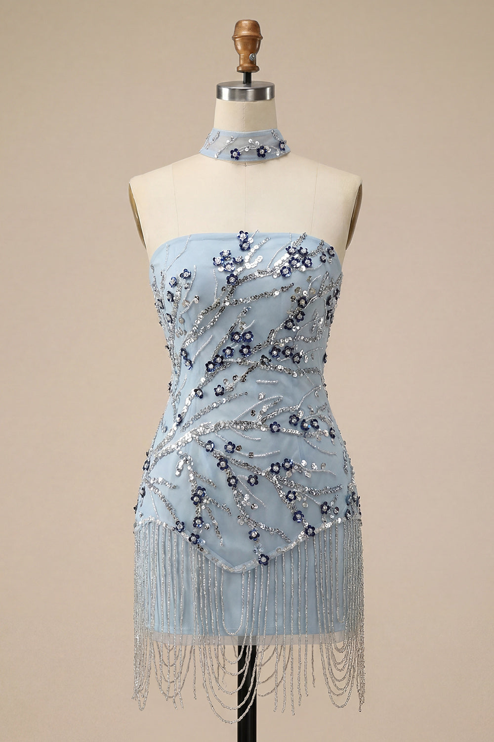 Dusty Blue Sequins Tight Floral Fringed Sparkly Short Homecoming Dress