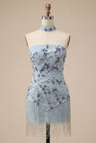 Dusty Blue Sequins Tight Floral Fringed Sparkly Short Homecoming Dress