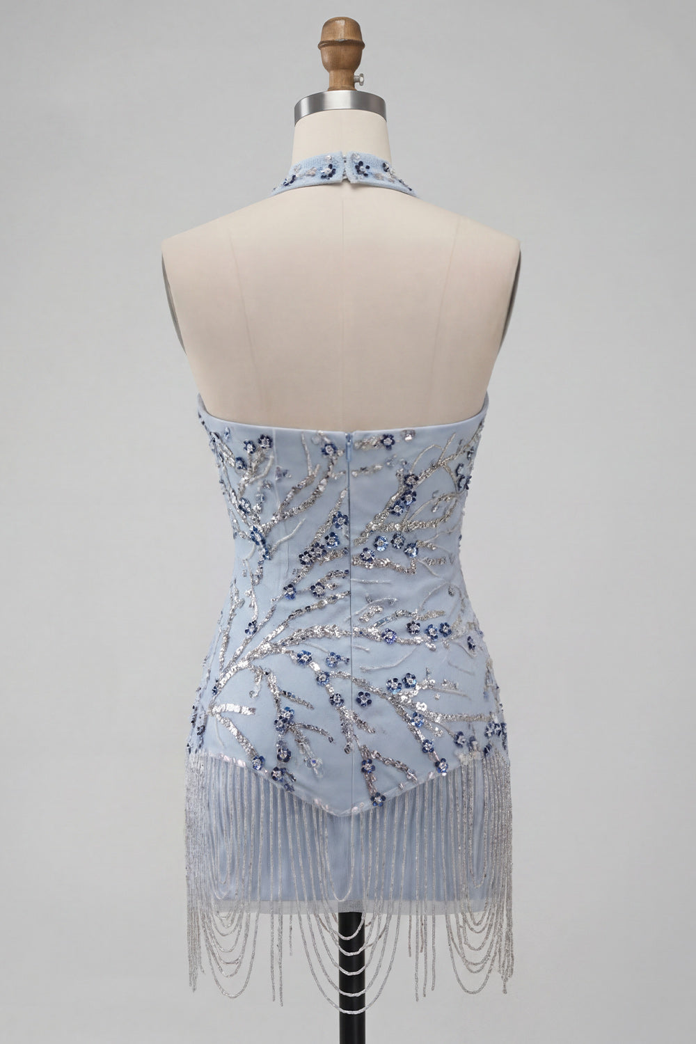 Dusty Blue Sequins Tight Floral Fringed Sparkly Short Homecoming Dress