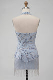 Dusty Blue Sequins Tight Floral Fringed Sparkly Short Homecoming Dress