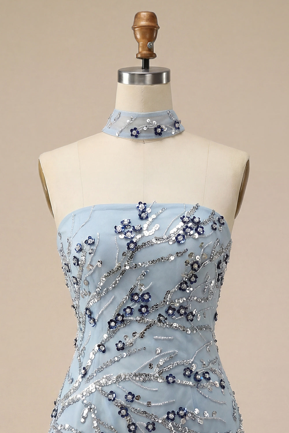 Dusty Blue Sequins Tight Floral Fringed Sparkly Short Homecoming Dress