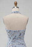 Dusty Blue Sequins Tight Floral Fringed Sparkly Short Homecoming Dress