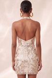 Champagne Floral Sequins Halter Tight Short Sparkly Homecoming Dress